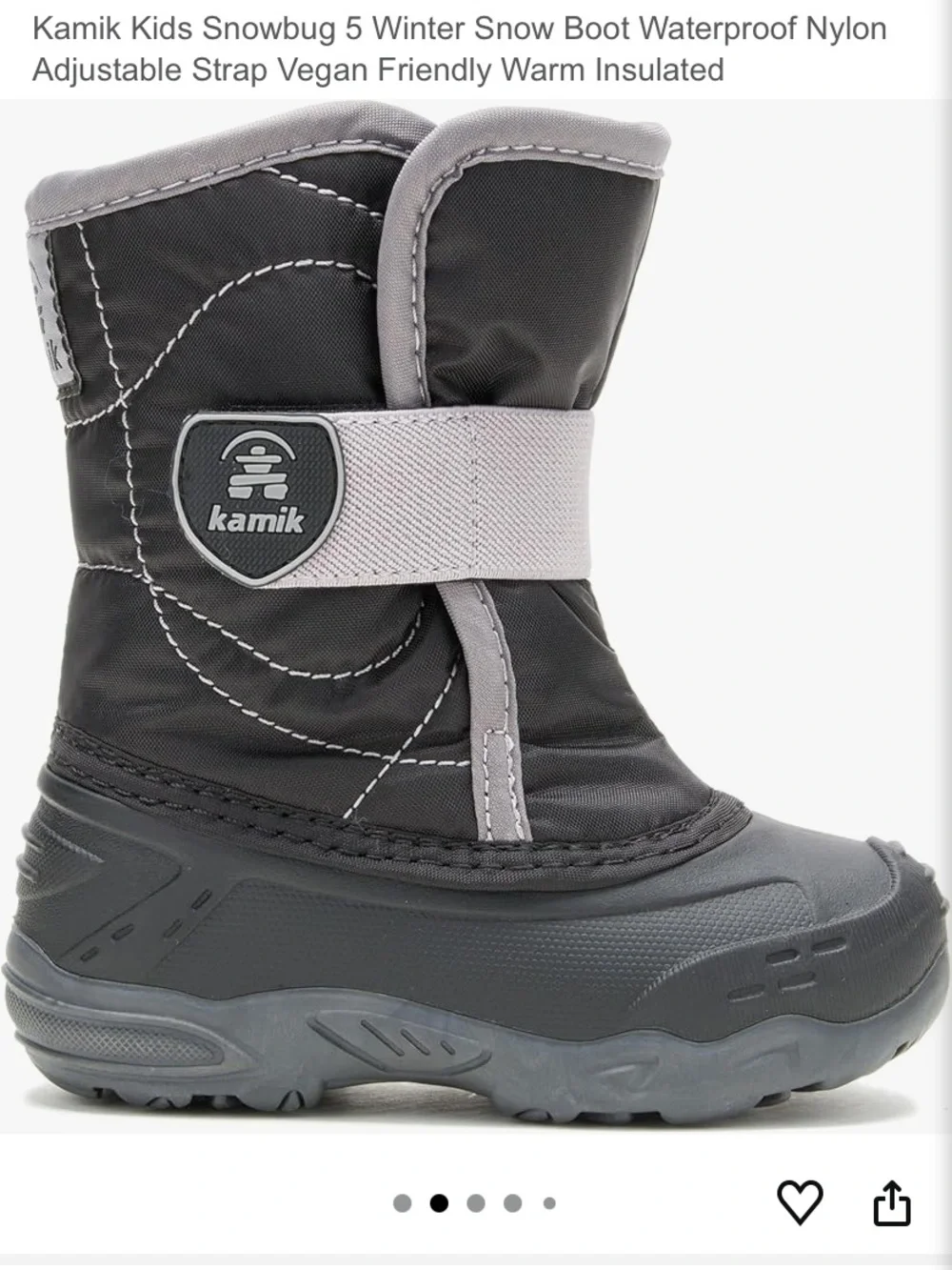 Kamik Kids Black Snowbug Winter Boot with Light Gray Strap 10